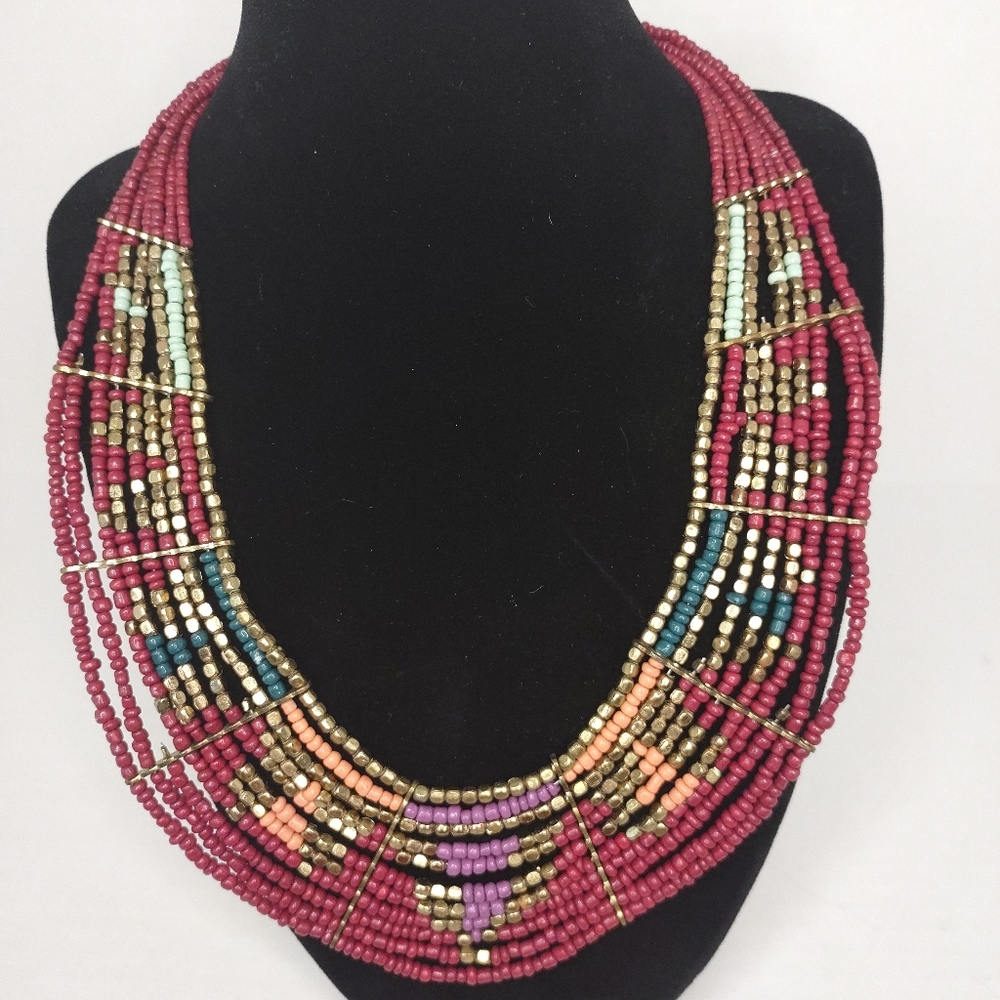 Maroon seed bead collar necklace